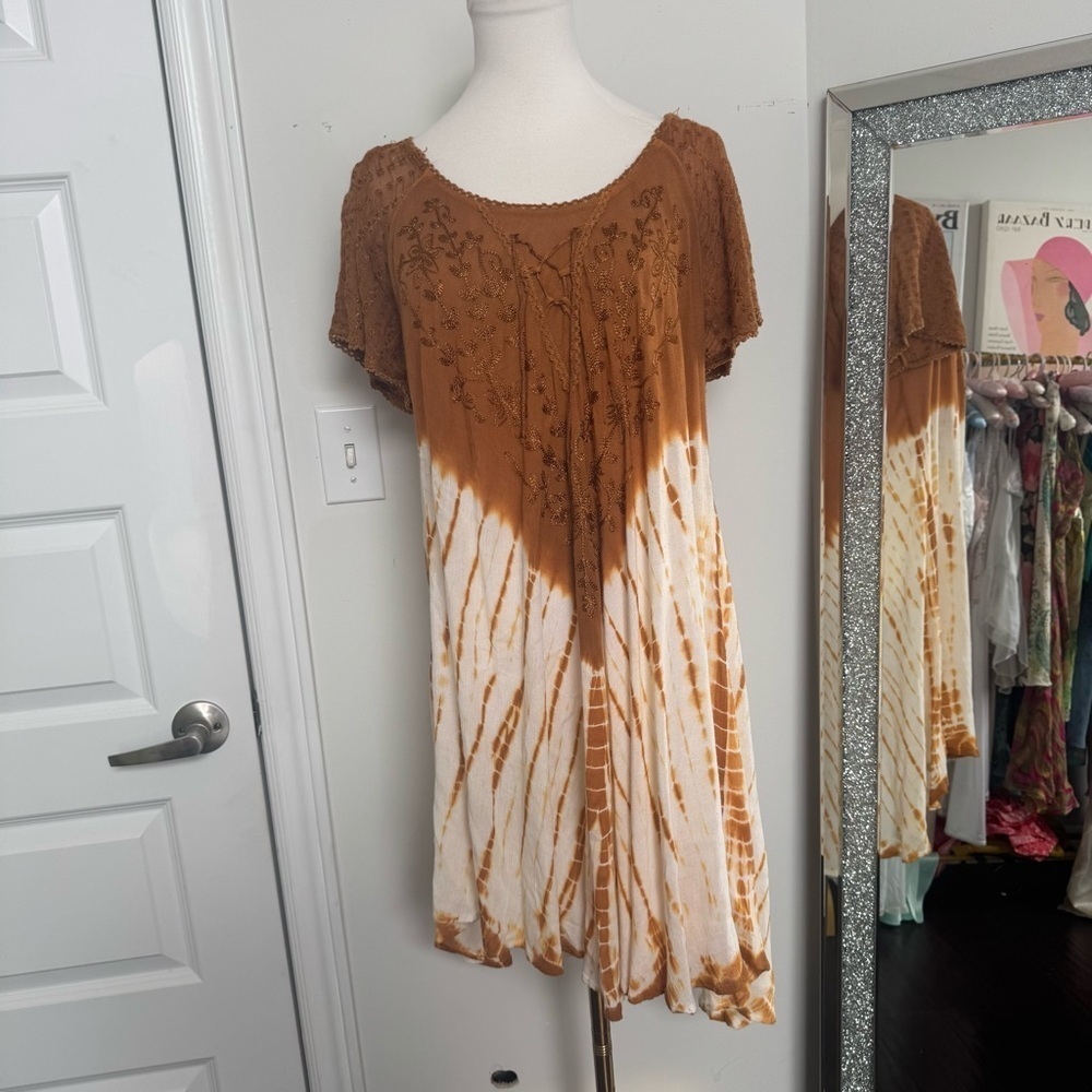 Bohemian vintage Brown Tie-Dye Women's Top ombré fairycore woodland natural OS - Picture 2 of 8